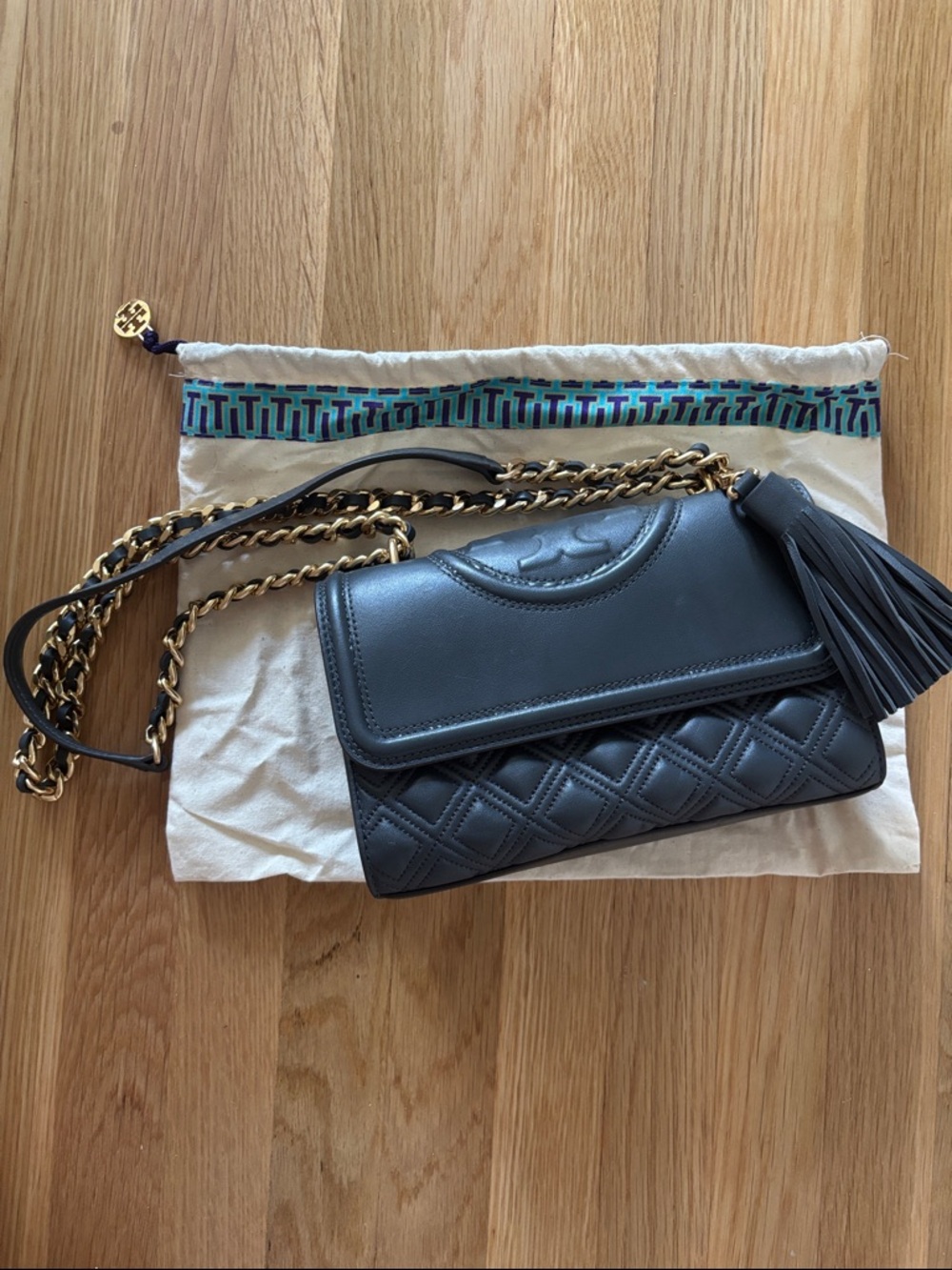 Tory Burch Dark Grey Small Fleming Quilted Leather Chain Crossbody with Tassel